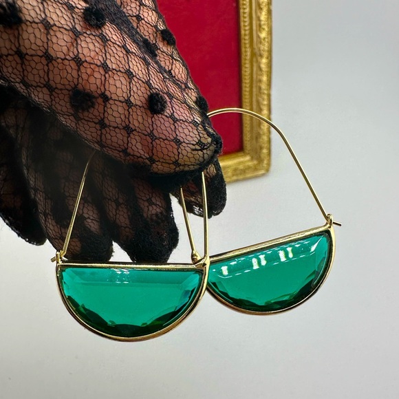 Anthropologie Jewelry - Anthropologie Crescent Elegant Gold Green Hoop Earrings